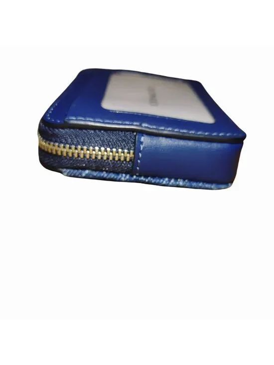 Coach Denim Blue Quilted Smooth Leather Zip Closure Wallet Chain Card Slots Silv - Picture 10 of 13